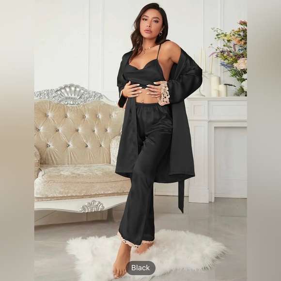 Cream/Khaki 3-piece Sets Silk Satin Cami Top & Pants With Robe Pajama Set - Picture 8 of 8